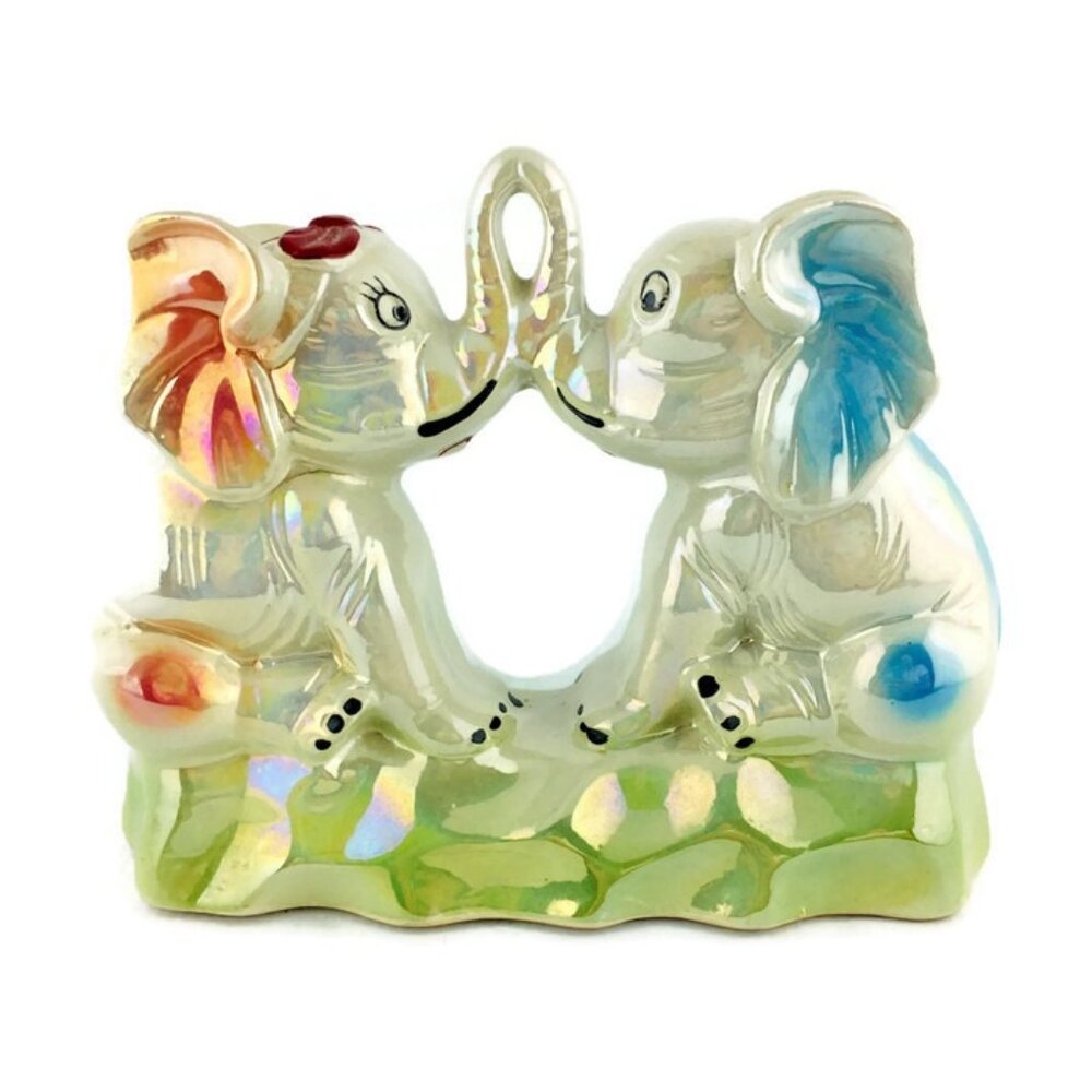 1970's Shiny Glazed KISSING ELEPHANTS  #4199 Pink Blue Brazil Ceramic Figurine